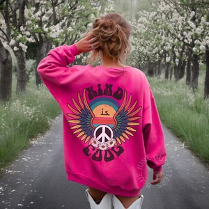 Kind Is Cool Sweatshirt – Retro Peace Sign Wings Graphic Crewneck | Boho Hippie - Picture 1 of 9