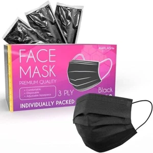 Karlash Black Mask 3-Ply Disposable Face Mask Individually Wrapped - Pack of 50 - Picture 1 of 3