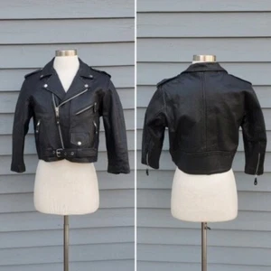 Kids Vintage 90s Genuine Black Leather Motorcycle Moto Belted Grunge Goth Jacket - Picture 1 of 6