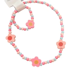 NUEVO Conjunto de joyas collar pulsera cuentas charm madera flor rosa para niños - Imagen 1 de 2