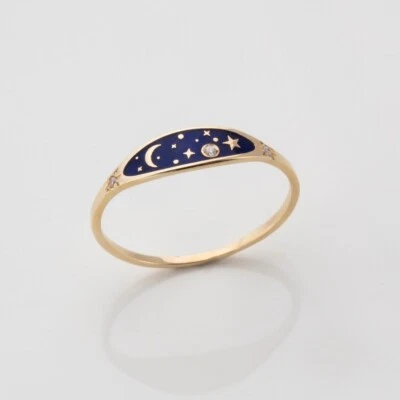 Gold Blue Enamel Celestial Ring - Moon & Stars Design | Night Sky Jewelry - Image 1 of 4
