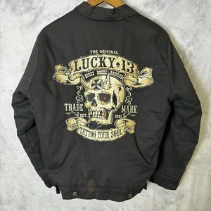 Lucky 13 Jacket Mens Small Black Full Zip Garage Shop Biker Embroidered Skull - Picture 1 of 15