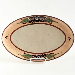 Vintage Tonala Mexico Folk Pottery Artist Signed Brown Blue Floral Tray - Picture 1 of 9