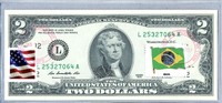 Paper Money US Bank Notes Federal Reserve Two Dollar Bill $2 Stamped Flag Brazil