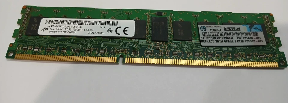 HP 731656-081 735302-001 Micron MT18KSF1G72PZ-1G6E1HE 8 GB PC3-10600R RAM Memory - Image 1 of 1