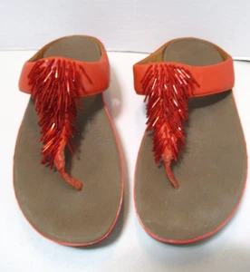 Fitflop Rumba Wedge Women 9 Orange Thong Flip Flop Fringe Beaded Sandals - Picture 1 of 15