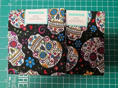 Sugar Skull Set/2 Fat Quarter Fabric Halloween 18x21 Day Dead Lot Black Craft - Image 1 of 3