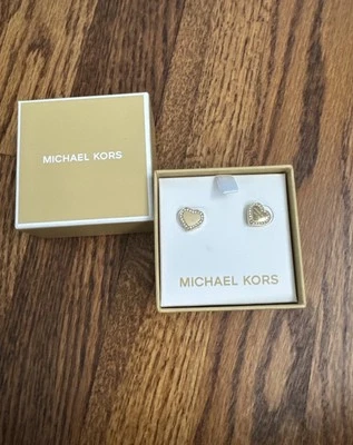 MICHAEL KORS Gold Tone Pave Crystals Heart Heritage Stud Earrings~New In Box! - Image 1 of 3