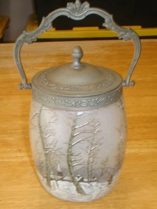 Antike Legras emaillierte Winterszene Kunst Glas Keksdose mit Deckel (unsigniert) - Bild 1 von 9