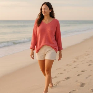 Avalin Pullover rosa lachs Baumwolle One Size V-Ausschnitt kastig Lagenlook Freizeit - Bild 1 von 13