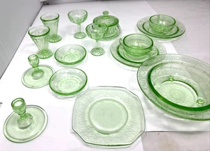 Vintage Childs Mini Green Cameo Ballerina Depression Glass 15 Dish Lot - Picture 1 of 9