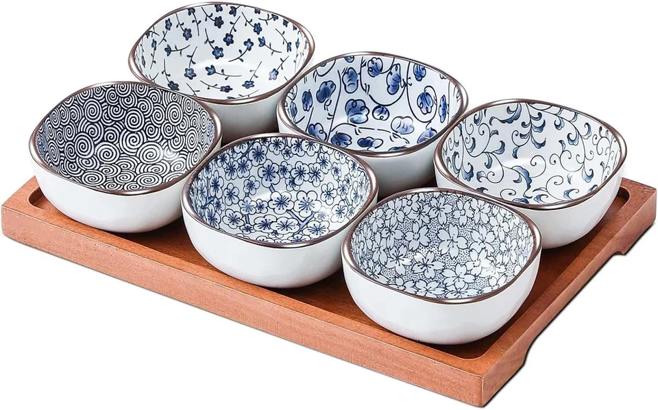 Bandeja de aperitivos de cerámica azul y blanco de 6 OZ con cuencos de condimentos, 3,8,  Foto 1 de 4