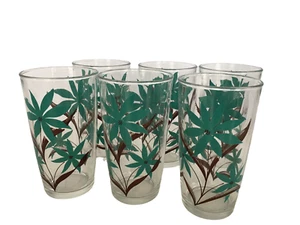 Vintage Drinking Beverage Glasses Set 6 Turquoise Flower Brown MCM Tropic Glass - Picture 1 of 9