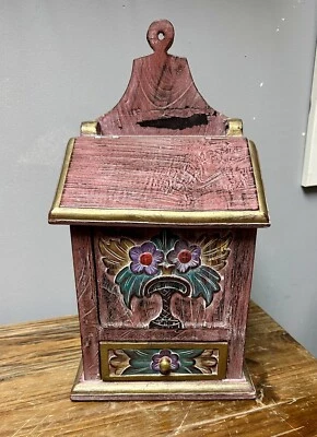 Vintage Rustic Solid Wood Wall Salt Box Recipe Box Tabletop Handmade Farmhouse - Image 1 of 4