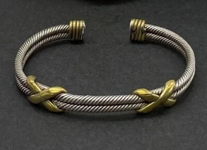 Vintage Taxco Mexico Sterling Silver & Brass Double Rope XO Cuff Bracelet - Picture 1 of 5