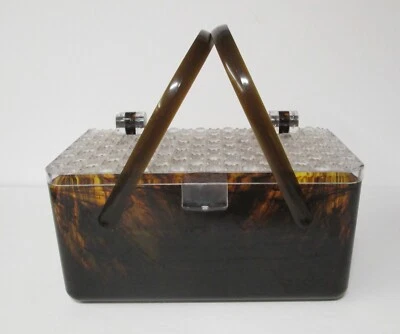 vintage retro MCM celluloid plastic lucite brown tortoise bakelite? box purse - Image 1 of 4