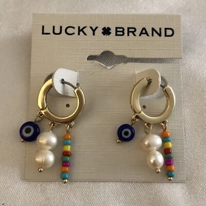 Lucky Brand Huggie Hoop Earrings Evil Eye,Faux Pearl & Bead Charms NWT - Picture 1 of 12