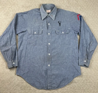 Vintage 70s JC Penney Big Mac Shirt Size Large Chambray Button Up Embroidered - Image 1 of 4