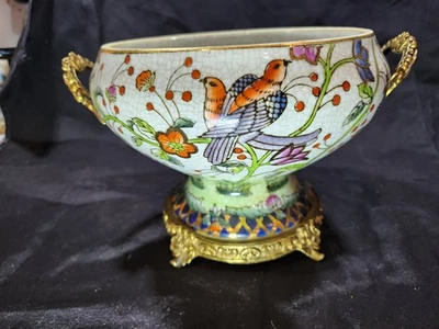40% OFF!  Asian Pedistal Porcelain Bowl Base Decorated Birds and Flowers - Image 1 of 4