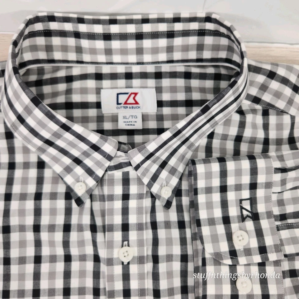 Cutter & Buck LS Mens Button Up Black, Gray & White Plaid Front Pocket Size XL - Image 1 of 4