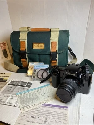 Canon EOS ELAN 35mm SLR Film Camera, Zoom Lens + Accessories, Bag, New Battery - Image 1 of 4