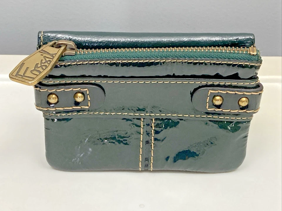 MINI Cartera de Colección FOSIL Charol - VERDE - Bolsillos con Cremallera Portatarjetas Foto 1 de 4