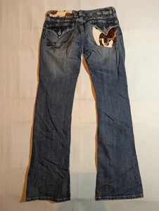 Pantalones de mezclilla Miss Me para mujer 29 corte bota tiro bajo piel cuero de vaca solapa bolsillos azul - Imagen 1 de 12