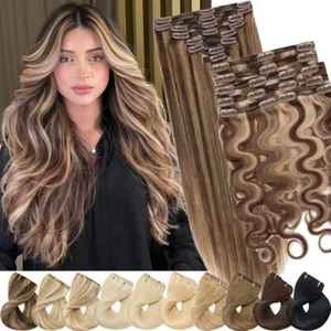Double Weft Body Wave Straight Clip In Human Remy Hair Extension Thick Full Head - Picture 1 of 55