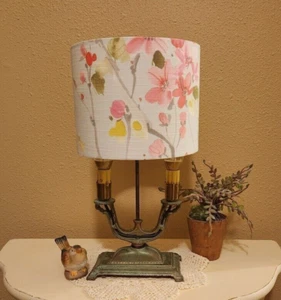 Vintage Two-Light Bouillotte Lamp with Handmade Fabric Lamp Shade - Picture 1 of 11