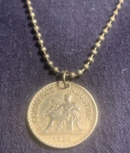 1925 echter zirkulierter französischer Kunst Franc Frankreich Münze Anhänger an einer 24" Kette - Bild 1 von 7