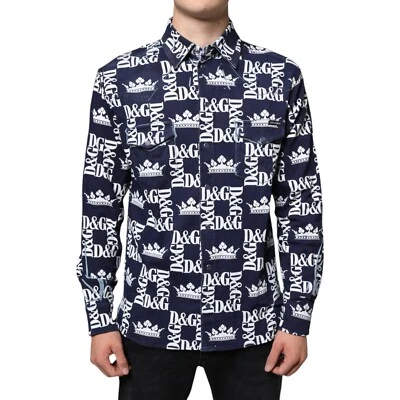 DOLCE & GABBANA Shirt Blue Crown Logo Print Slim Fit Cotton Men 41/US16/L 970usd - Image 1 of 4