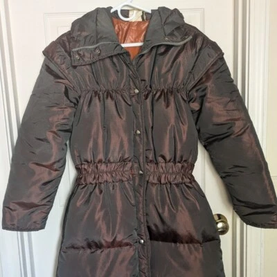 Vintage The Line 100% Goose Down Orange/Brown Iridescent Long Parka Women's sz S - Image 1 of 4