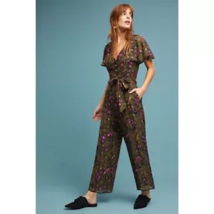 Anthropologie Ett:twa size 2 Brenda Wide Leg Button up Jumpsuit Tie Chiffon - Picture 1 of 5