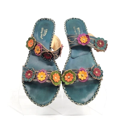 Spring Step Ambrosia Teal Floral Applique Kitten Heel Sandals Wms 39/8-8.5 - Image 1 of 4