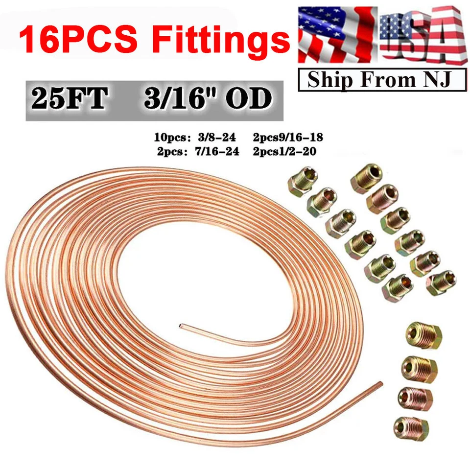  Rollo de tubo de línea de freno 3/16 25 pies recubierto de cobre rollo de tubo flexible 16 accesorios  Foto 1 de 4