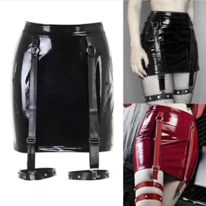 Women Mini Skirt Bodycon PU Faux Leather Punk Club Bandage Rock Shiny Sexy - Picture 1 of 14