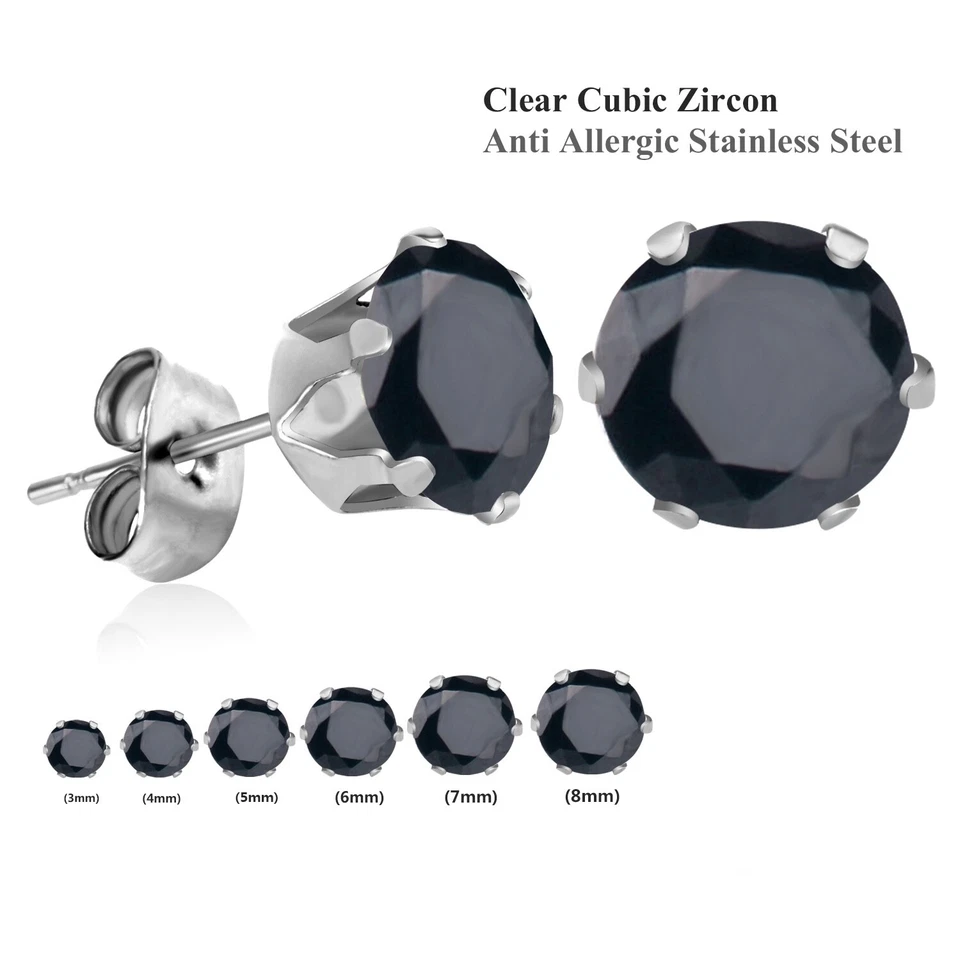 Aretes redondos de acero inoxidable con circonita cúbica para hombre y mujer 4/5/6/8 mm E23 Foto 1 de 1