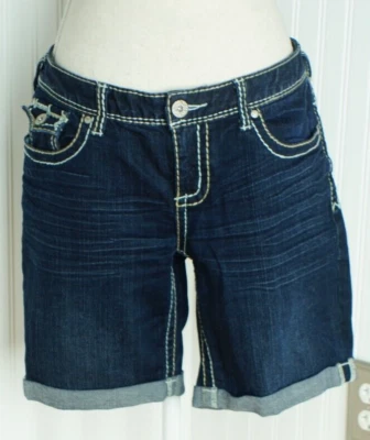 Y2K Maurices Dark Denim Midi Shorts Size 7/8 Button Flap Embellished 33" Waist - Image 1 of 4