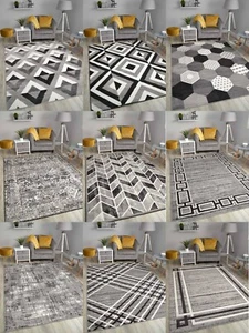 Grau Schwarz Bodenteppiche Klein Extra Groß Günstig Wohnzimmer Schlafzimmer Teppich - Bild 1 von 10