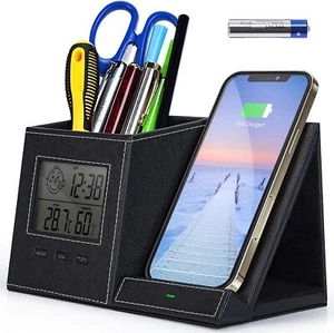 Pen Holder, Organizer for Desk with Wireless Charger, Black+Digital Clock - Picture 1 of 6