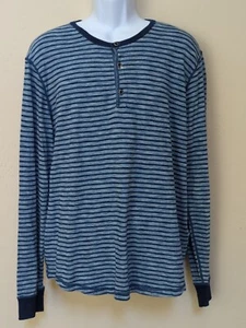 Lucky Brand Henley Mens Sz XL Striped Blue 3  Button Long Sleeve Travel Casual - Picture 1 of 12