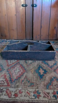 Antique Early Primitive Wood Tote Cubby Carrier Old Bittersweet Paint 18" - Image 1 of 4