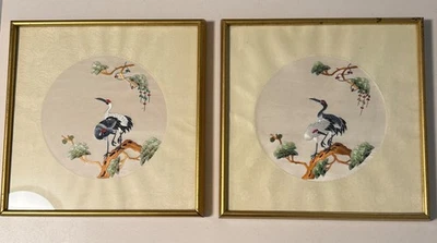 Vintage Chinese Silk Embroidery Pair – Red-Crowned Cranes & Pine, 13″ - Image 1 of 4