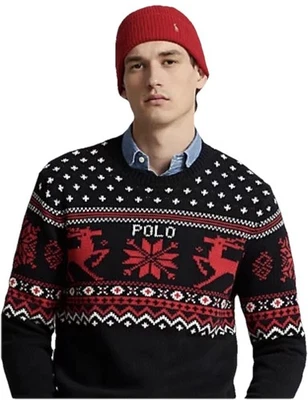 NUEVO CON ETIQUETAS POLO RALPH LAUREN Para hombres Negro Algodón Cachemira Reno Cuello Redondo Suéter Lg Foto 1 de 4