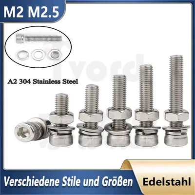 Zylinderschraube Mit Sechskant Mutter & Unterlegscheiben M2 M2.5 Edelstahl A2 - Bild 1 von 4