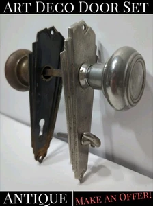 ✨ANTIK✨ Paar Art Deco Messing Türklinken & Schlüssellochrosette Türbeschlag - Bild 1 von 23