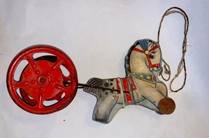 Vintage Gong Bell Wood Circus Horse Pull Toy Red Wheels Stars /Patina Look - Picture 1 of 9