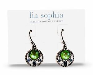 Lia Sophia "Open Water" Matte Silver Tone Earrings w/Green & Blue Cut Crystals