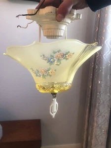 Art Deco Vintage Chandlier  - flush mount. Painted floral on yellow glass globe - Picture 1 of 8