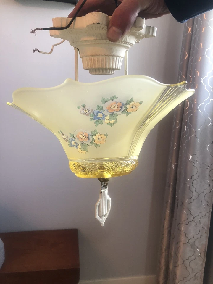 Art Deco Vintage Chandlier  - flush mount. Painted floral on yellow glass globe - Image 1 of 4